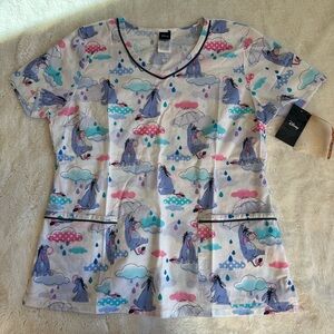 NWT Disney Eeyore Scrub Top Colorful Cartoon Print Scrub Nurse - Size Large
